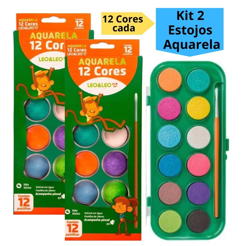 Kit 2 Estojo Aquarela 12 Cores Tinta e Pincel Para Personalizar Uso Infantil Escolar Artístico LeoEL