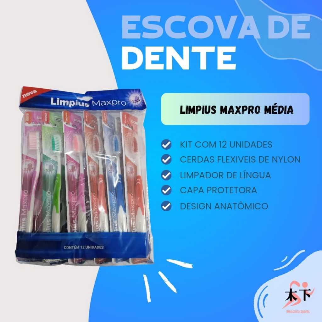 Escova de dente Kit com 12 unidades Média com Capa Protetora e Limpador de Lingua/ Coloridas