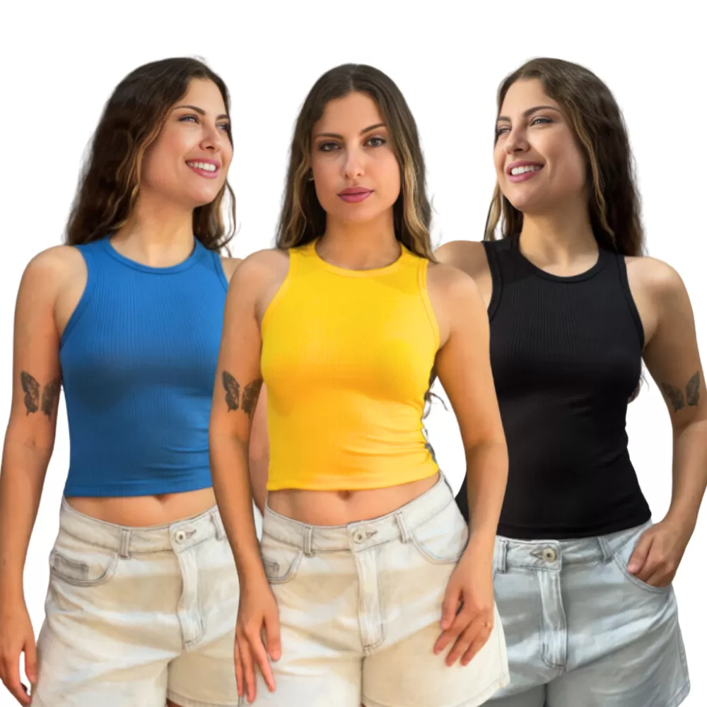 Kit 3 Blusas Feminina Malha Canelada Ribana Confort Algodão Básicas  Cores Sortidas