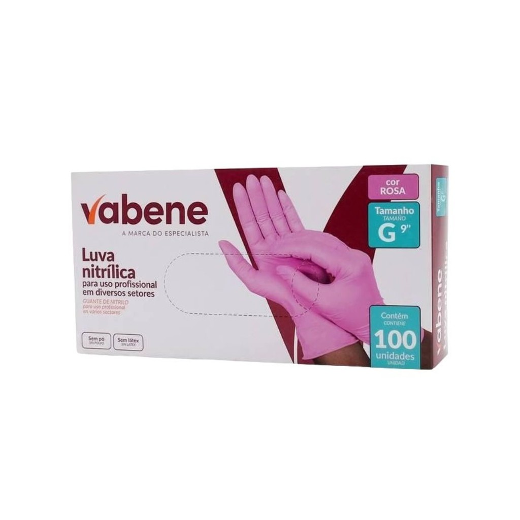 Luva Nitrílica Rosa Sem Pó Vabene 100 Unidades  Tamanho PP; P; M; G