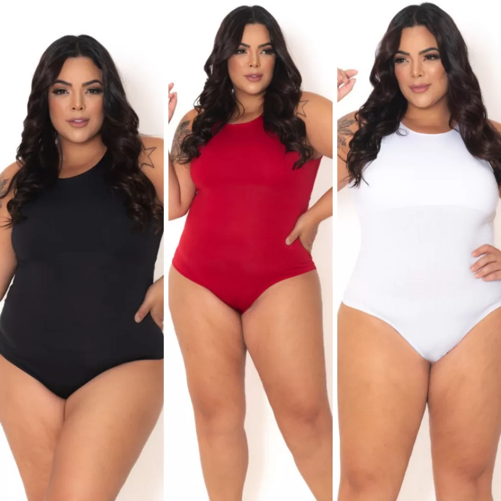 Kit 3 Bodys Plus Size Suplex Feminino Liso Gola Redonda Regata Básica Blusa Blusinha Regatinha Bory