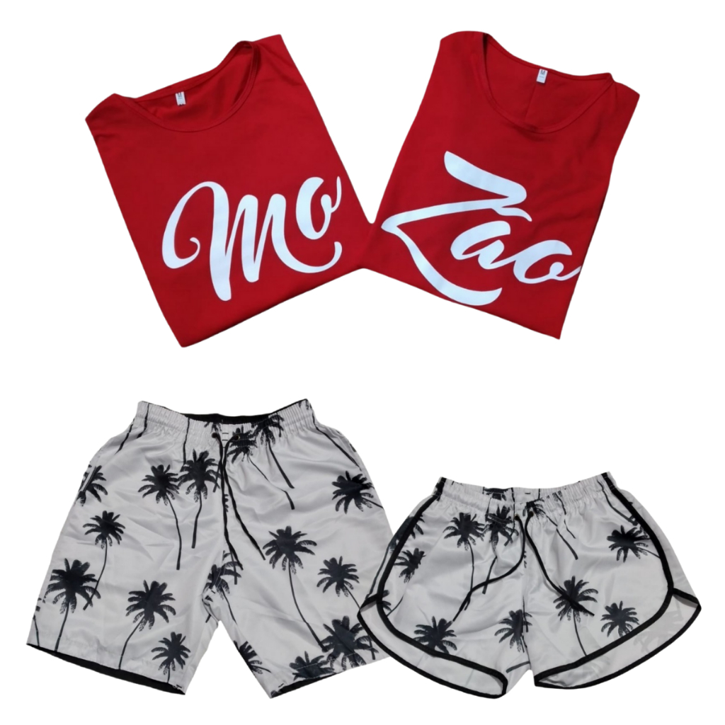 Conjunto Shorts Praia Casal Mozão + Kit 2 Camisetas para Casais Usar Combinando