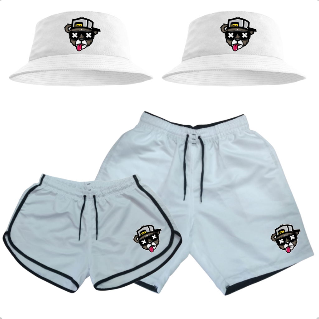 Conjunto Shorts Casal Personalizado + Kit 2 Chapéis Bucket hat De Praia Festas