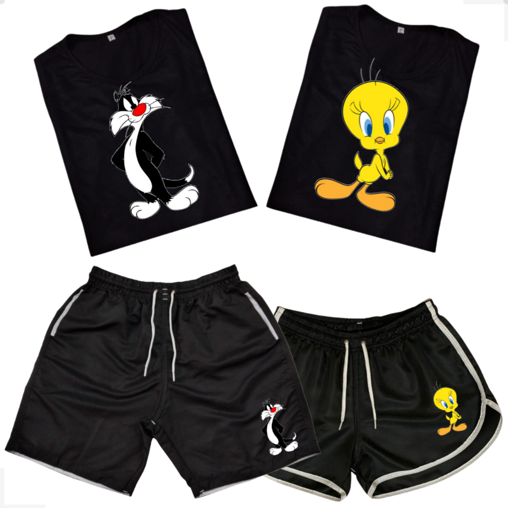 Conjunto Mozão Shorts Casais + Kit Camisetas de Casal Piu Piu Frajola Dia Dos Namorados C112