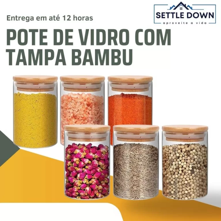 Kit 6 potes de vidro com tampa de bambu hermético