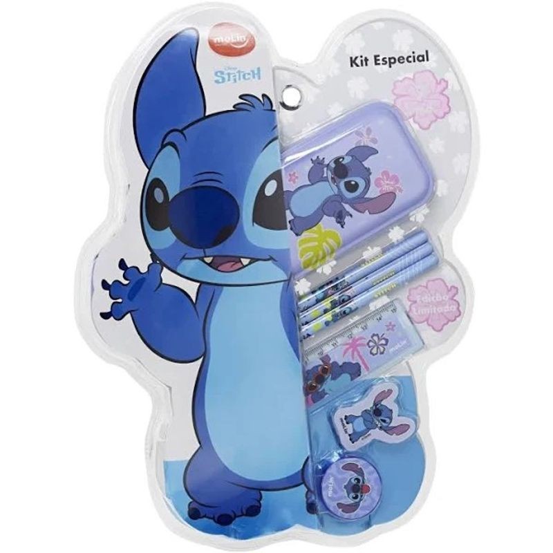 Kit Stitch 7 peças (estojo 3 lápis borracha apontador régua)
