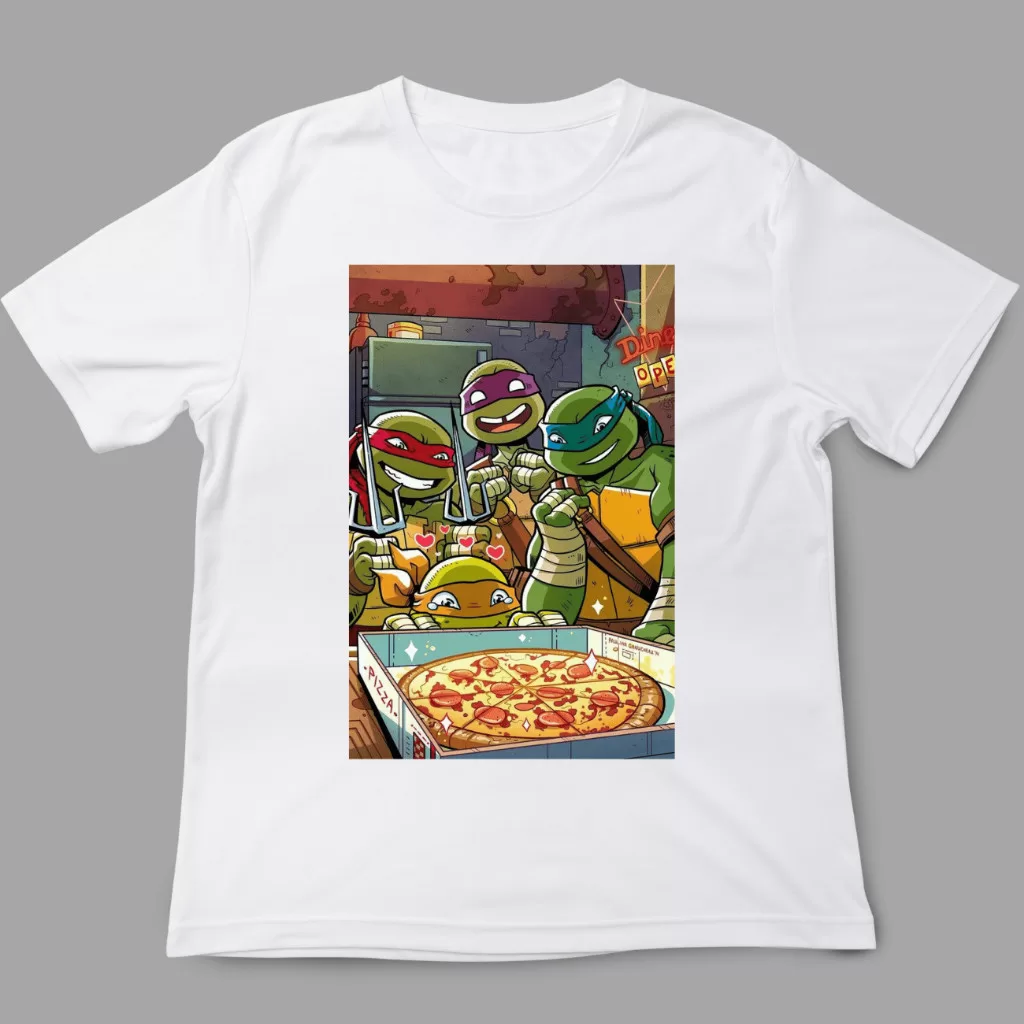 Camiseta Geek Tartaruga comendo pizza desenho héroi