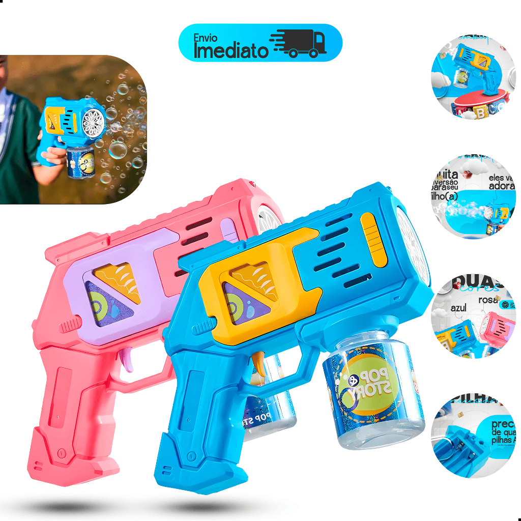 Brinquedo Maquina Bolha Sabão Pistola Arma Automática Luzes Lançamento