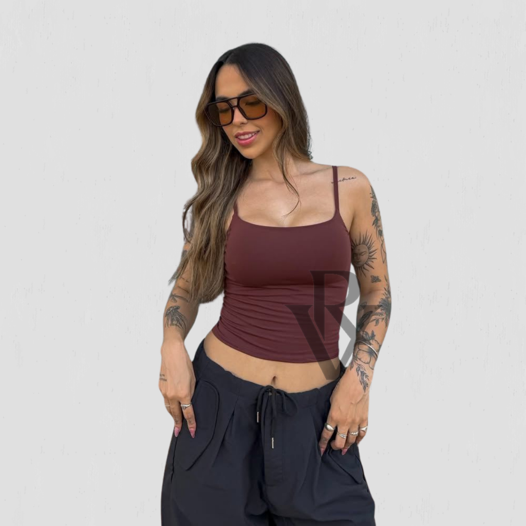 Regata De Alcinha Cropped Tube Feminino Básico Suplex Marrom Azul