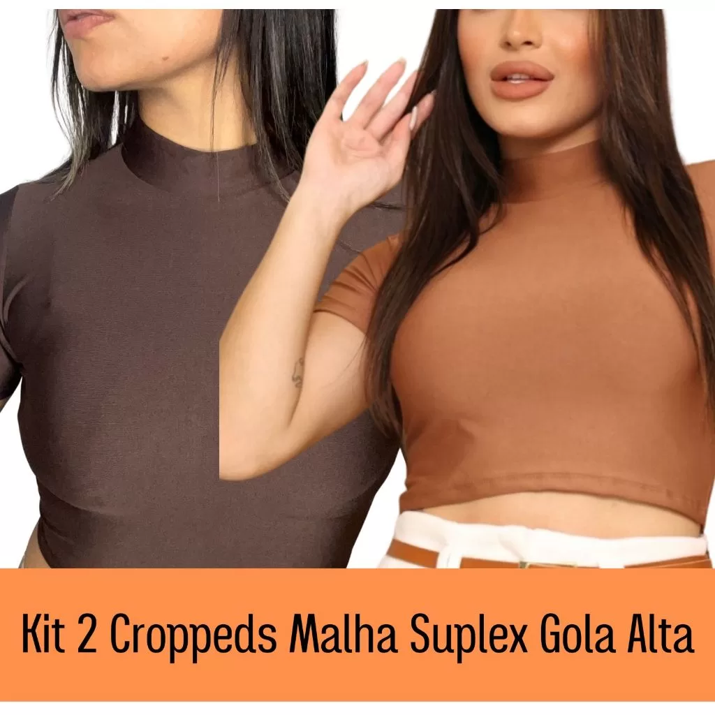 KIT 2 CROPPEDS MANGA CURTA GOLA ALTA SUPLEX DIVERSAS CORES VERÃO MODA BLOGUEIRA PEÇA CORINGA