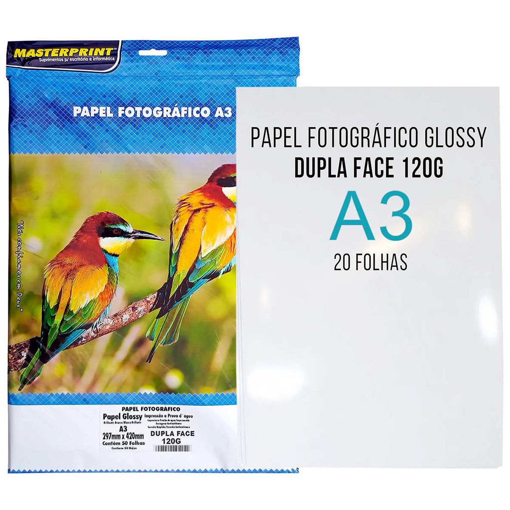 Papel Fotográfico A3 120g Glossy Dupla Face Branco Brilhante com Masterprint 20 folhas