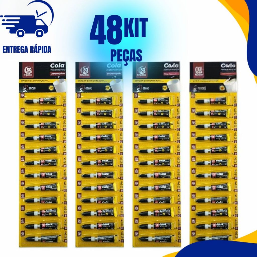 KIT 48 Super Cola Instantânea Tubo 3g Ultra Rápida Adesivo Transparente Uso Geral C/48 Ou 24 Unid