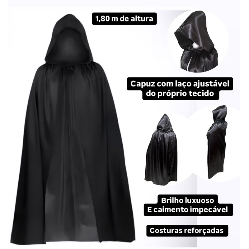 CAPA LUXO HALLOWEEN – CETIM BRILHOSO COM CAPUZ ADULTO 1,80m | BRUXA, VAMPIRO, EXU