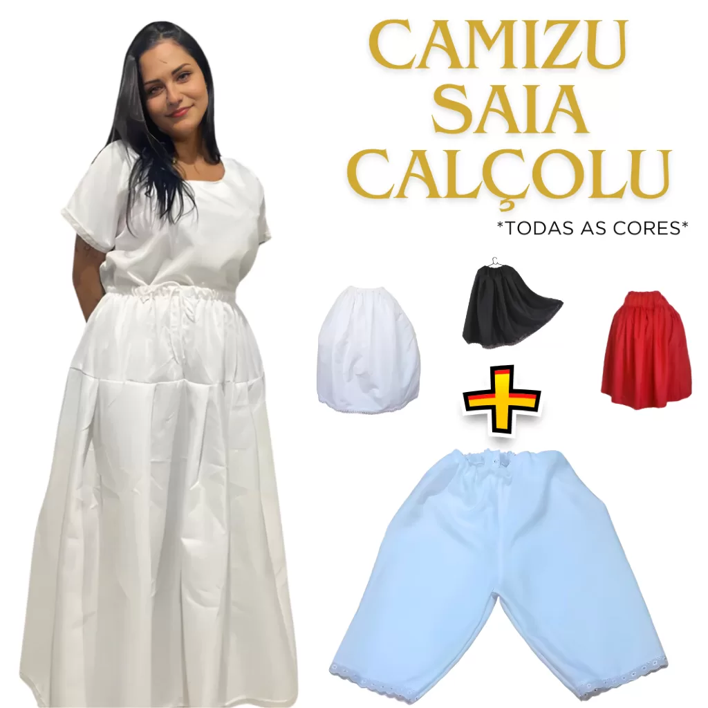 Conjunto Saia Camizu Calçolu Calcolinho Renda Umbanda e candomblé 3 peças Oxford Feminino Ração