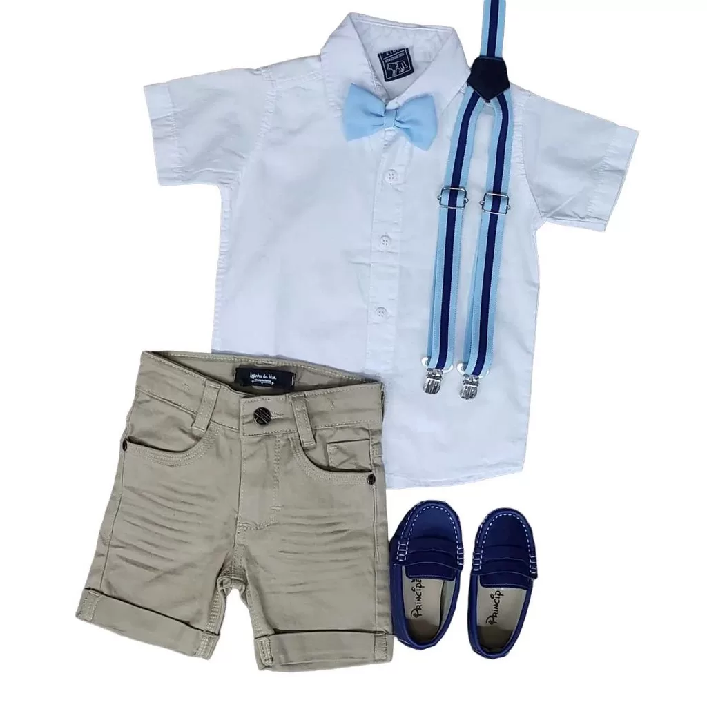 Bermuda Areia com Suspensório e Camisa com Gravata