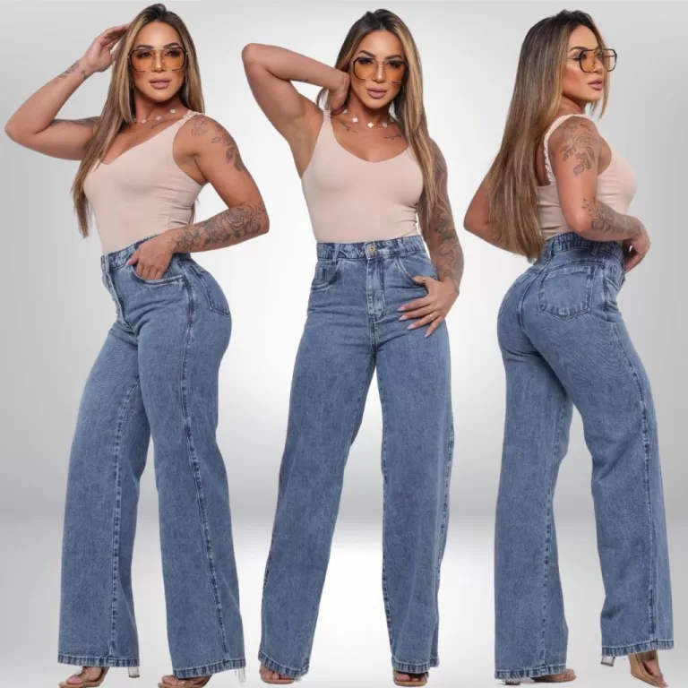 Calça Jeans Feminina Wide Leg Pantalona Marmoriza