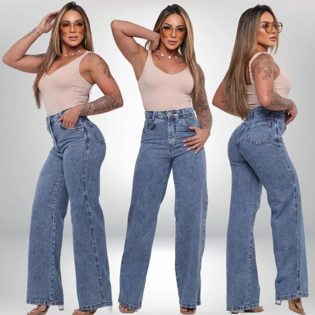 Calça Jeans Feminina Wide Leg Pantalona Marmorizada Cintura Alta 100% Algodão Premium
