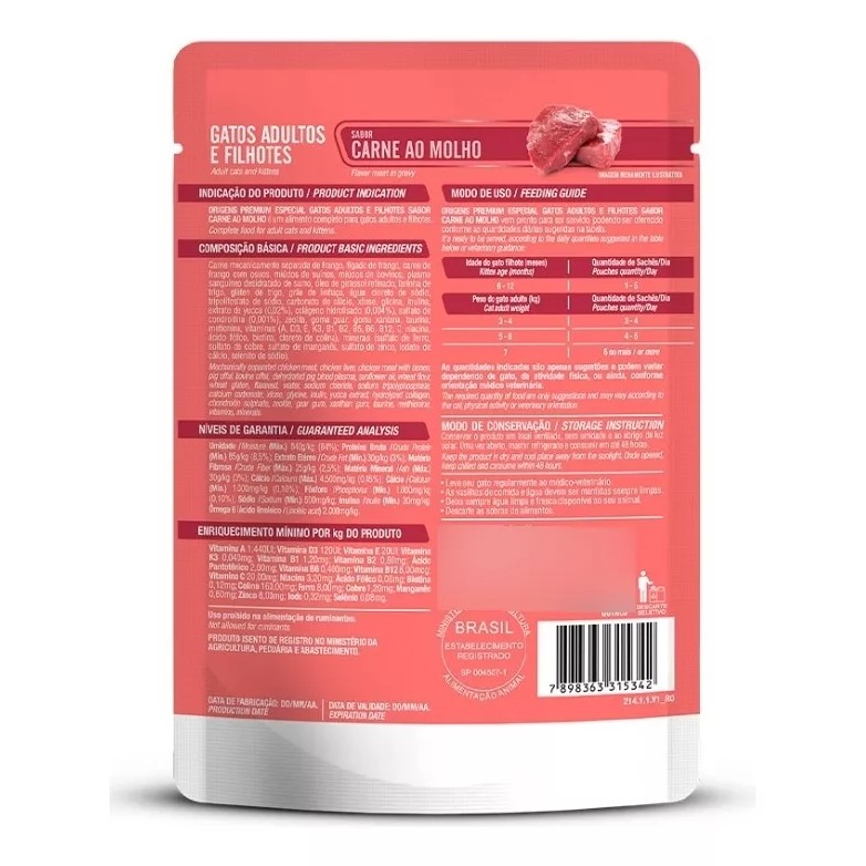 Sachês Origens Gatos Adultos E Filhotes Carne 85g
