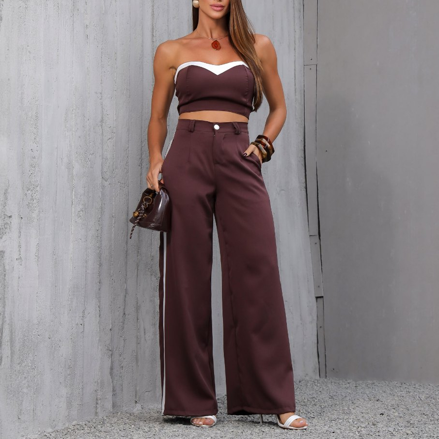 Conjunto Alfaiataria Feminino Calça Feminina Wide Leg e Top Elegante Bicolor