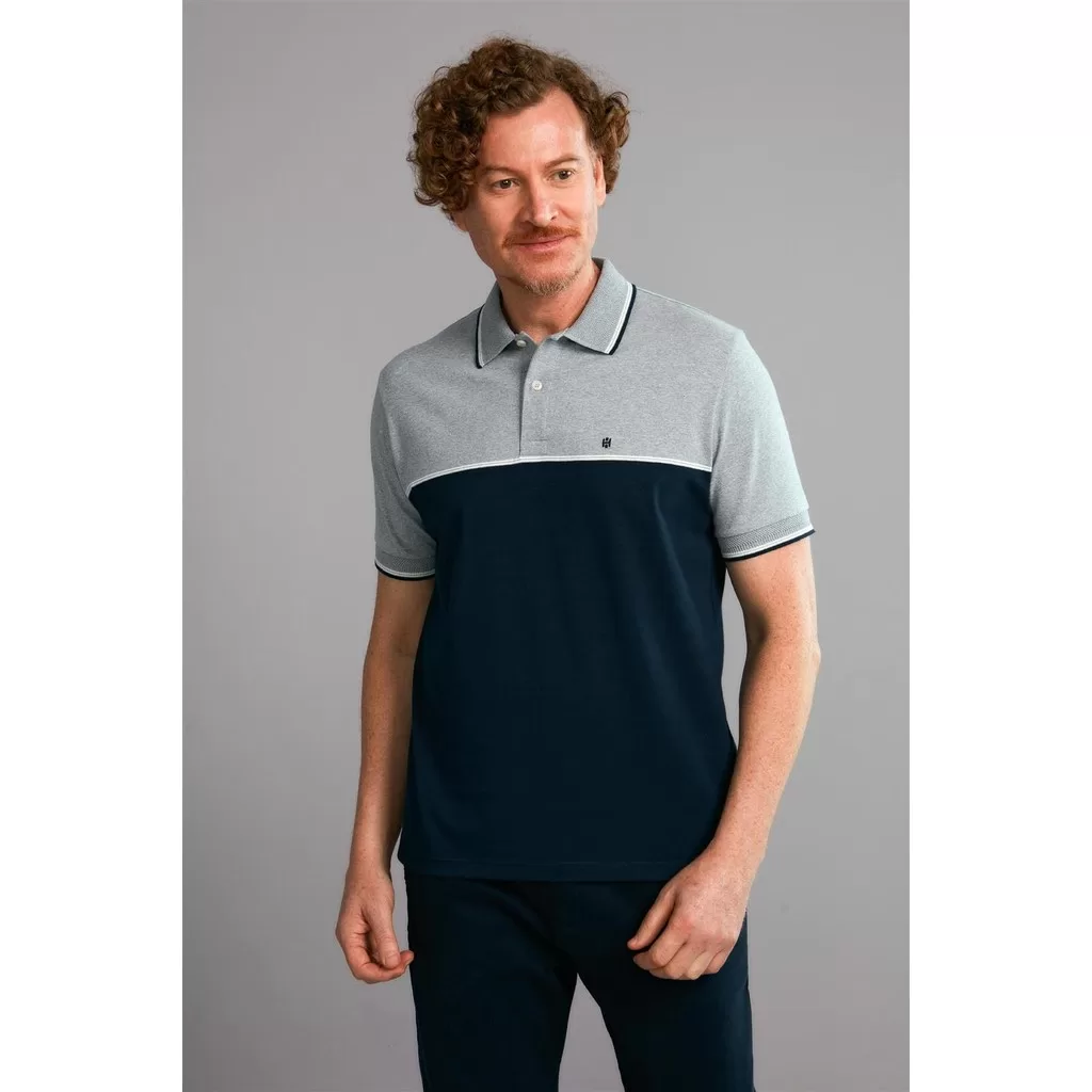 Polo Manga Curta Comfort Malha – Cinza Azulado / Azul Marinho