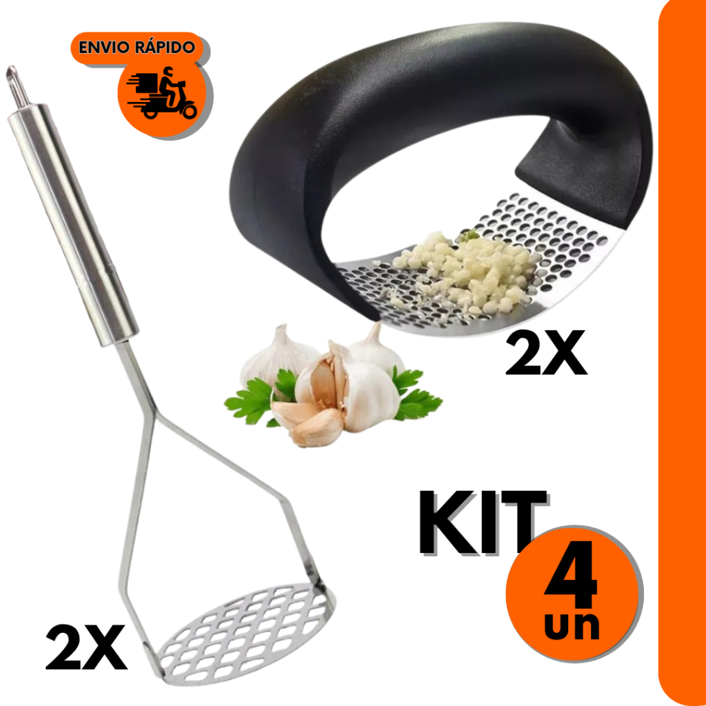 Kit 4 Peças ; 2 Espremedor de Alho com 2 Amassador de Batatas e Feijão, Ambos de aço Inox