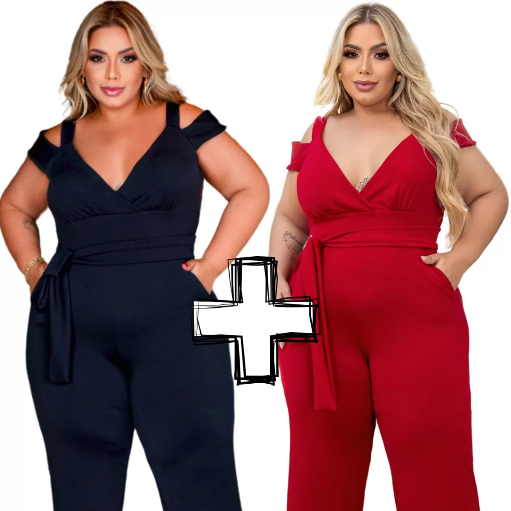 Kit 2 Macacão Feminino Longo Plus Size Pantalona Transpassado Com Cinto Tendência Forro Duplo GG-G4