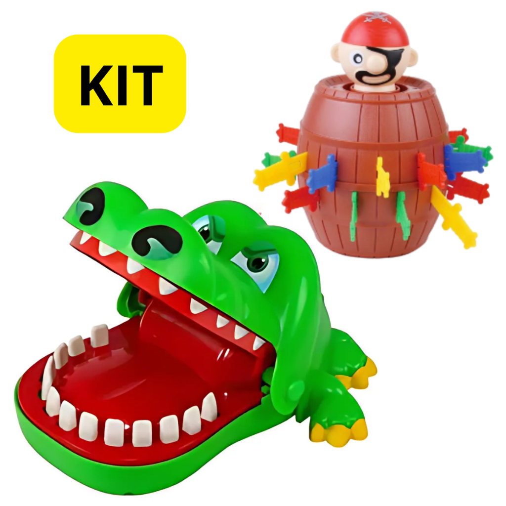 Kit 2 Brinquedos Jogo Jacaré Crocodilo Morde Dedo e Barril Pula Pirata Jogos de Tabuleiro Mesa Infan