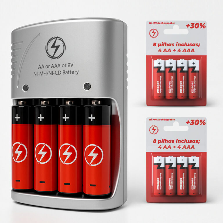 Carregador de Pilhas Recarregáveis Kit + 8 Bateri