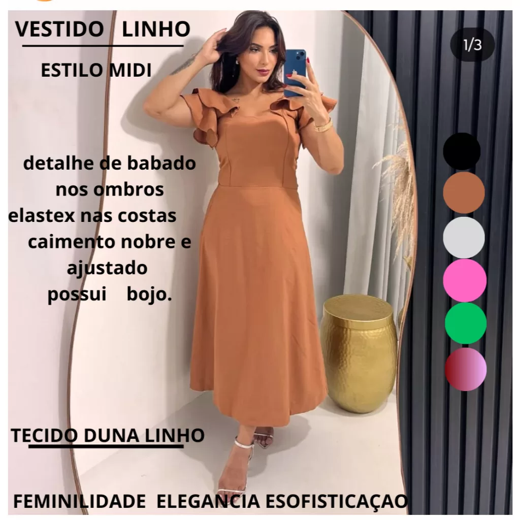 Vestido Midi Feminino com Manga Flor  Elegância e Sofisticação em Cada Detalhe