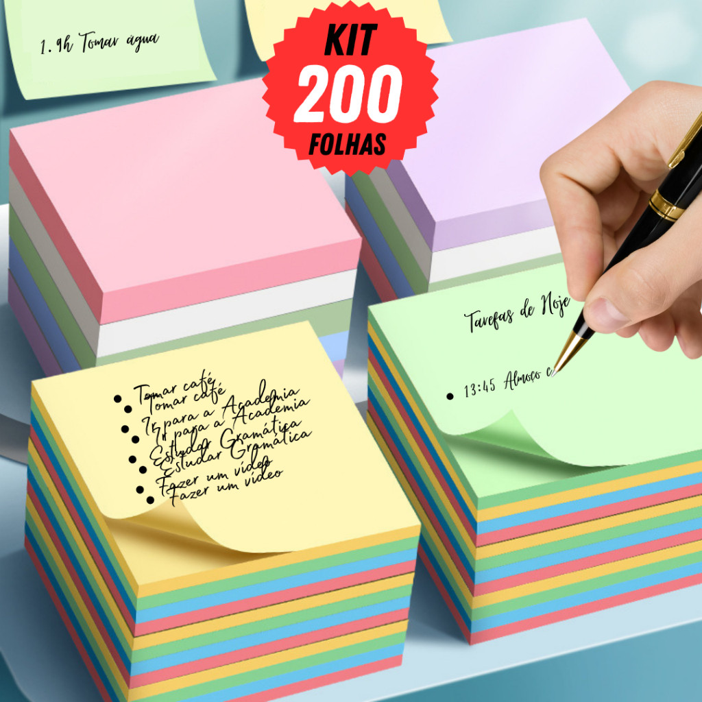 Kit Postit Bloco De Notas 200 Folhas 76x76mm Bloco Adesivo Para Anotações Colorido Post it