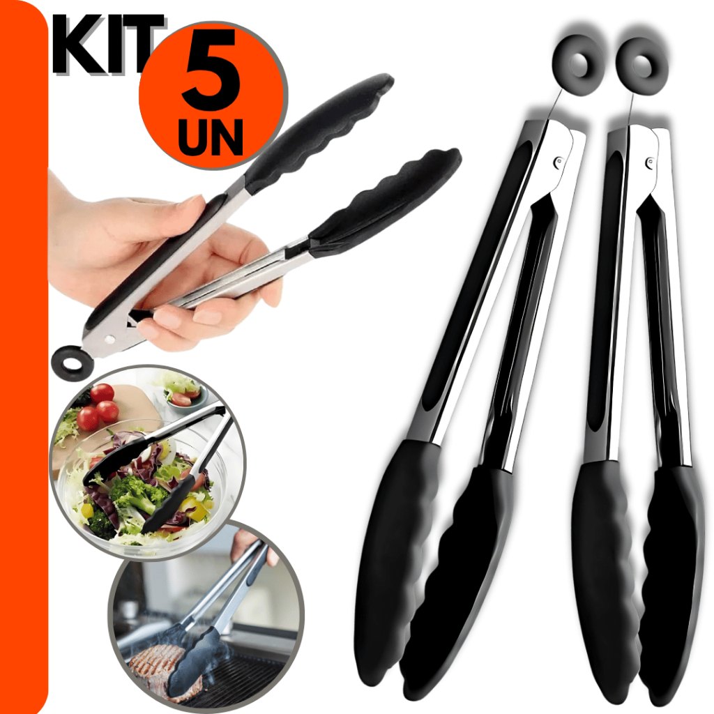 5 Kit Un Pegador De Silicone e Inox Para Carne, Churrasco e Salada. Cozinha e Restaurante.