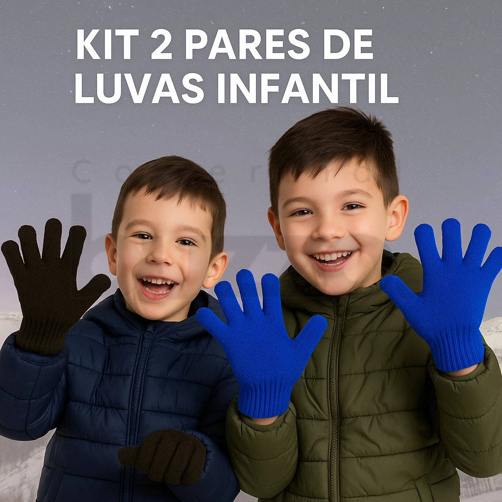 Kit 2 Pares de Luvas Infantil Inverno Menino Menina Térmica Quente Macia Elástica Confortável 3 a 9