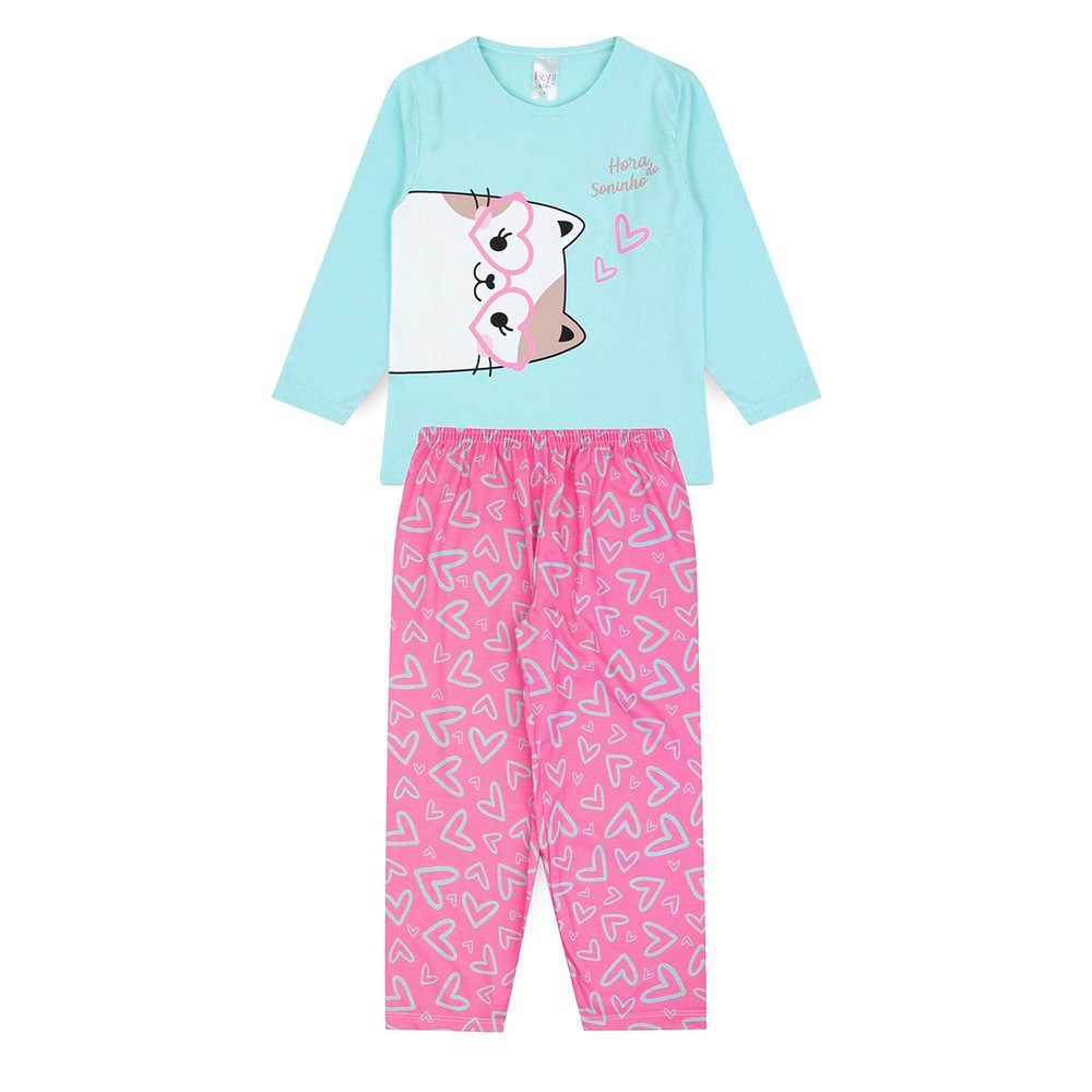 Pijama Infantil Feminino Inverno Cat – Hey Kids Azul Claro