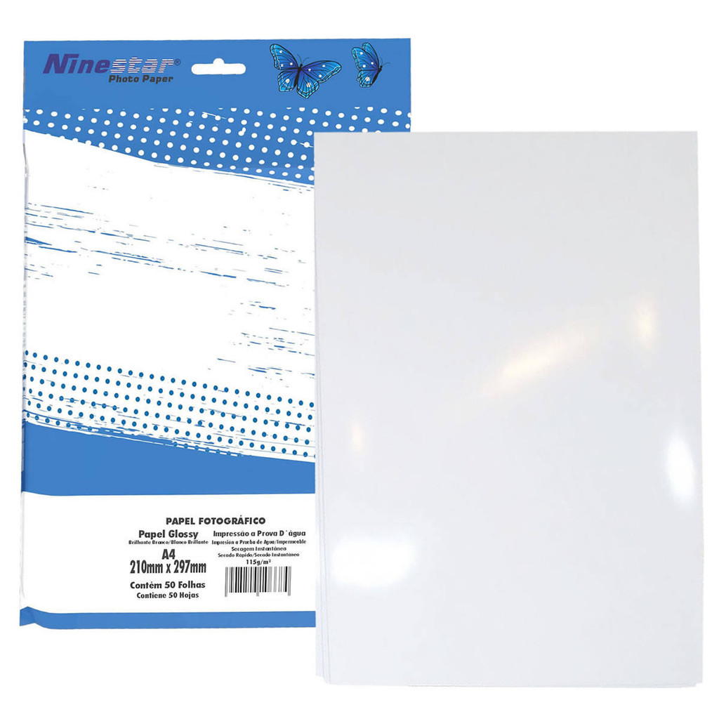Papel Fotográfico Glossy A4 115g Branco Brilhante Ninestar Pacote com 50 folhas