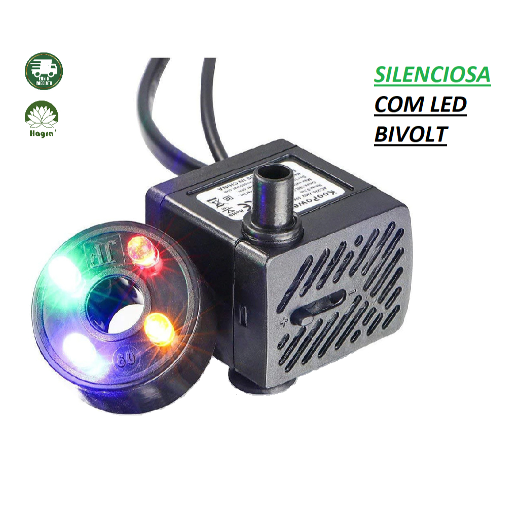 Motor Bomba Submersa Bivolt Bombinha Fonte Aquário Pet Com Led