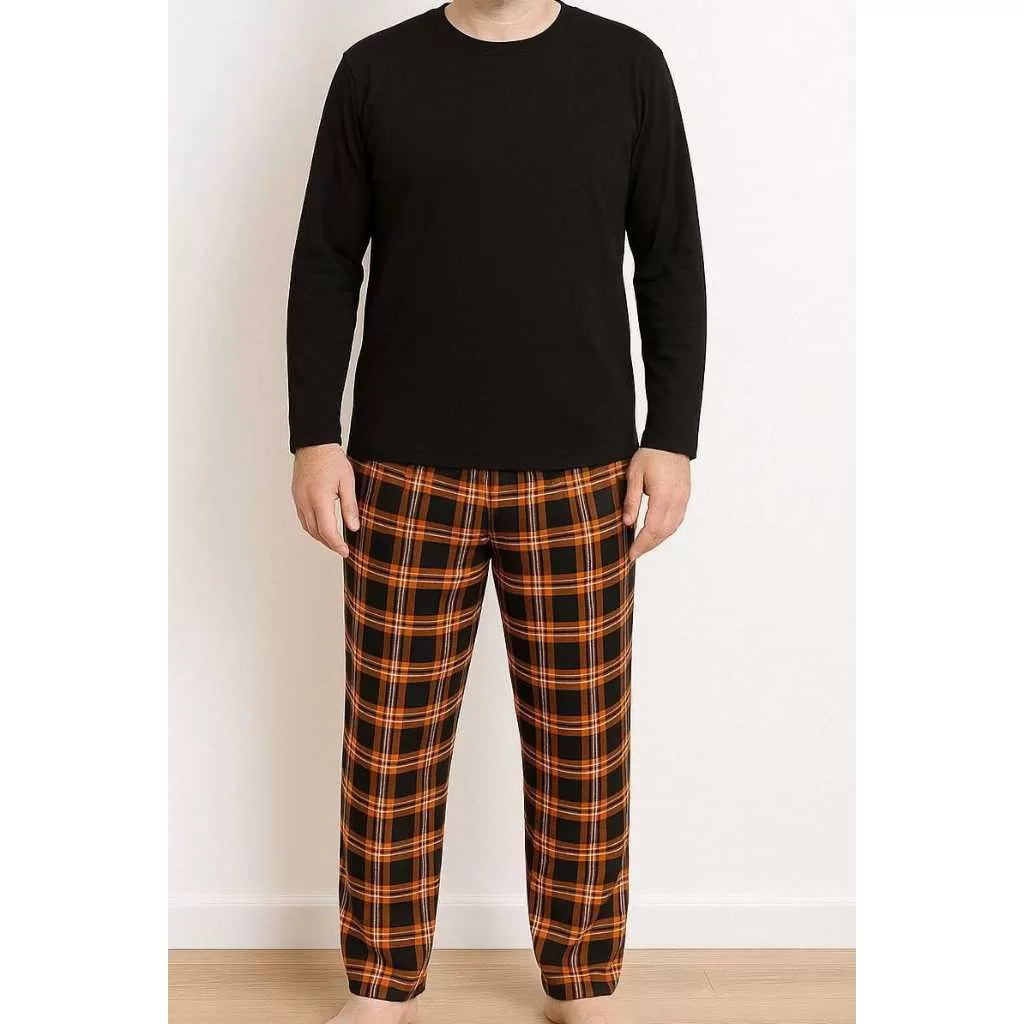 PIJAMA LONGO MASCULINO SUEDE CAMISETA PRETA CINZA MARROM CALÇA XADREZ OU QUADRICULADA LF056