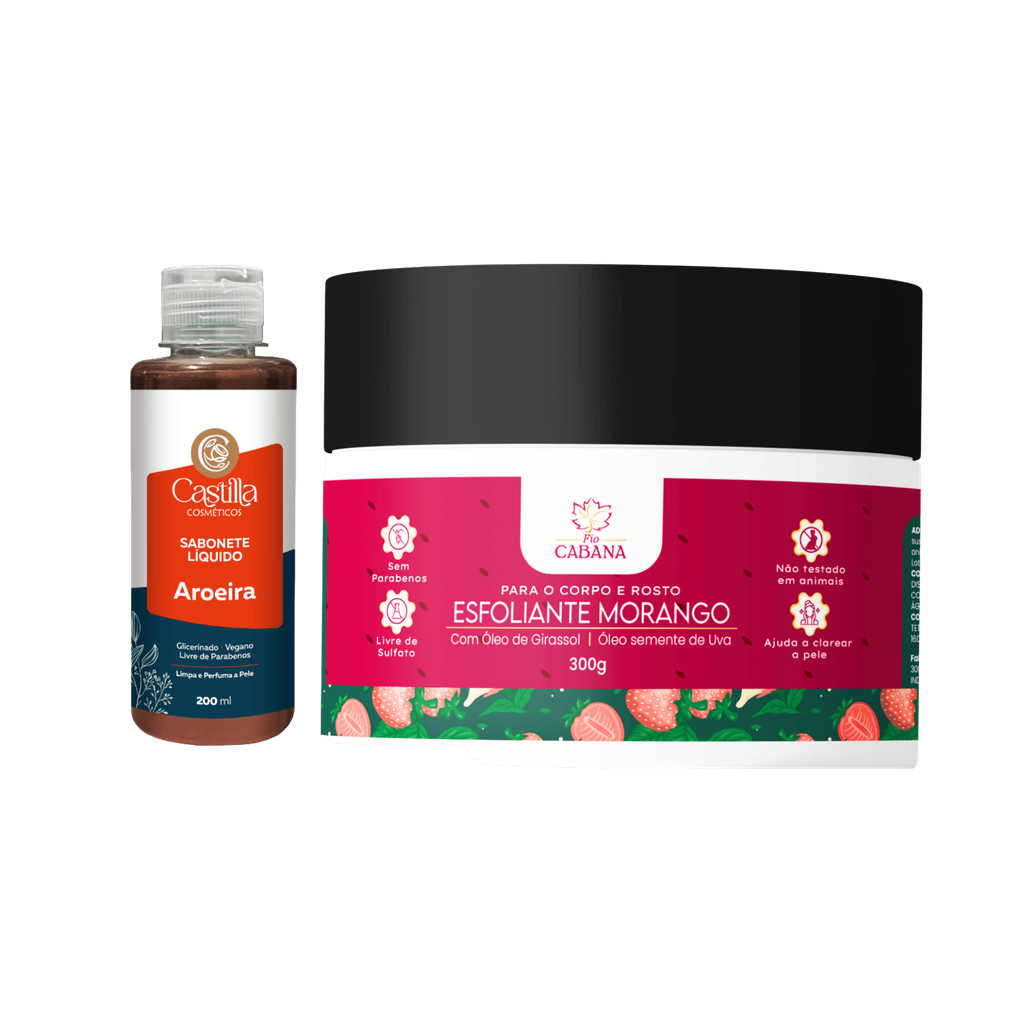 Kit Sabonete Aroeira Castilla 200mL + Esfoliante Morango Fio Cabana 300g | Vegano e Hidratante