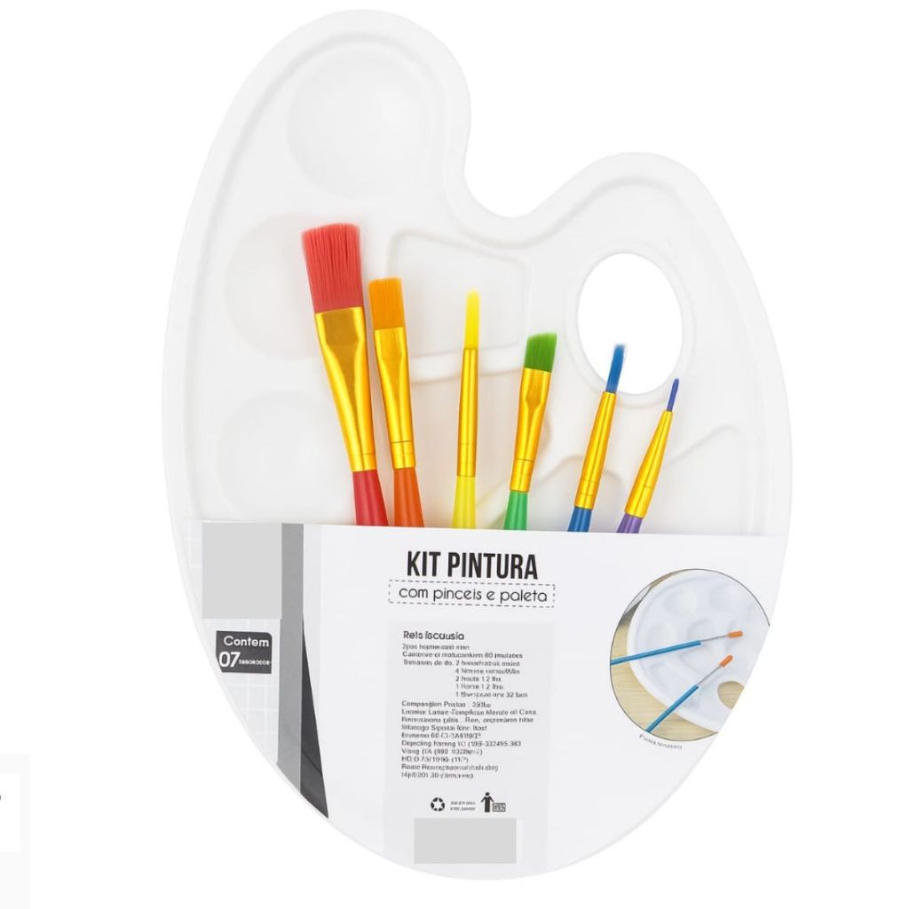 Gode Paleta p/ Pintura em Formato Anatômico Oval Branco 9 Cavidades 6 Pinceis
