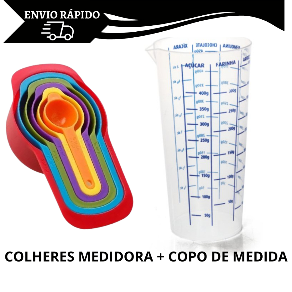 Kit Medidas com 6 Colheres Medidora Em Xicara + Copo Medidor Graduado De Medidas 500ml De Plástico