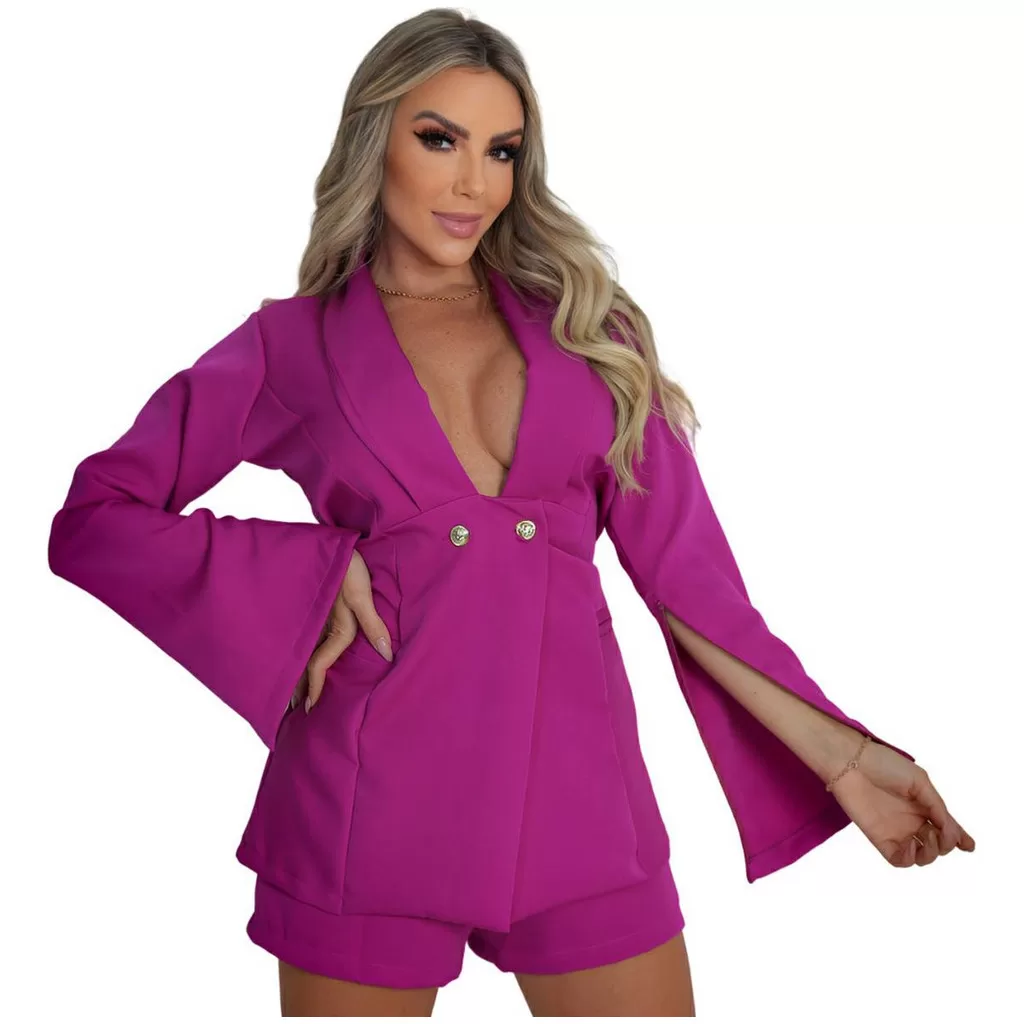 Macaquinho Decotado Alfaiataria Shorts Solto Manga Longa Feminino