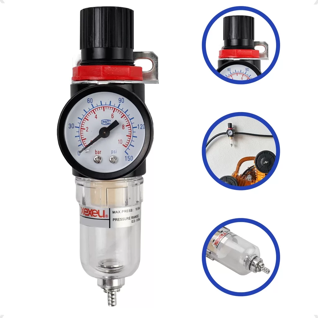 Filtro Regulador de Pressão 1/4 com Eliminador de Água Para Compressor e Ferramentas Pneumáticas
