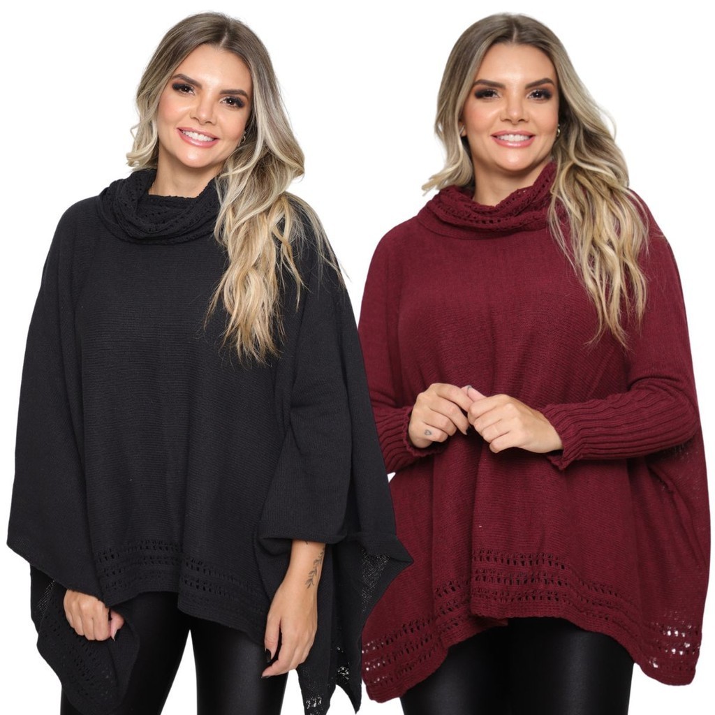 Kit 2 Poncho Feminino Tricot Mousse Liso Gola Alta Casaco Lã Inverno