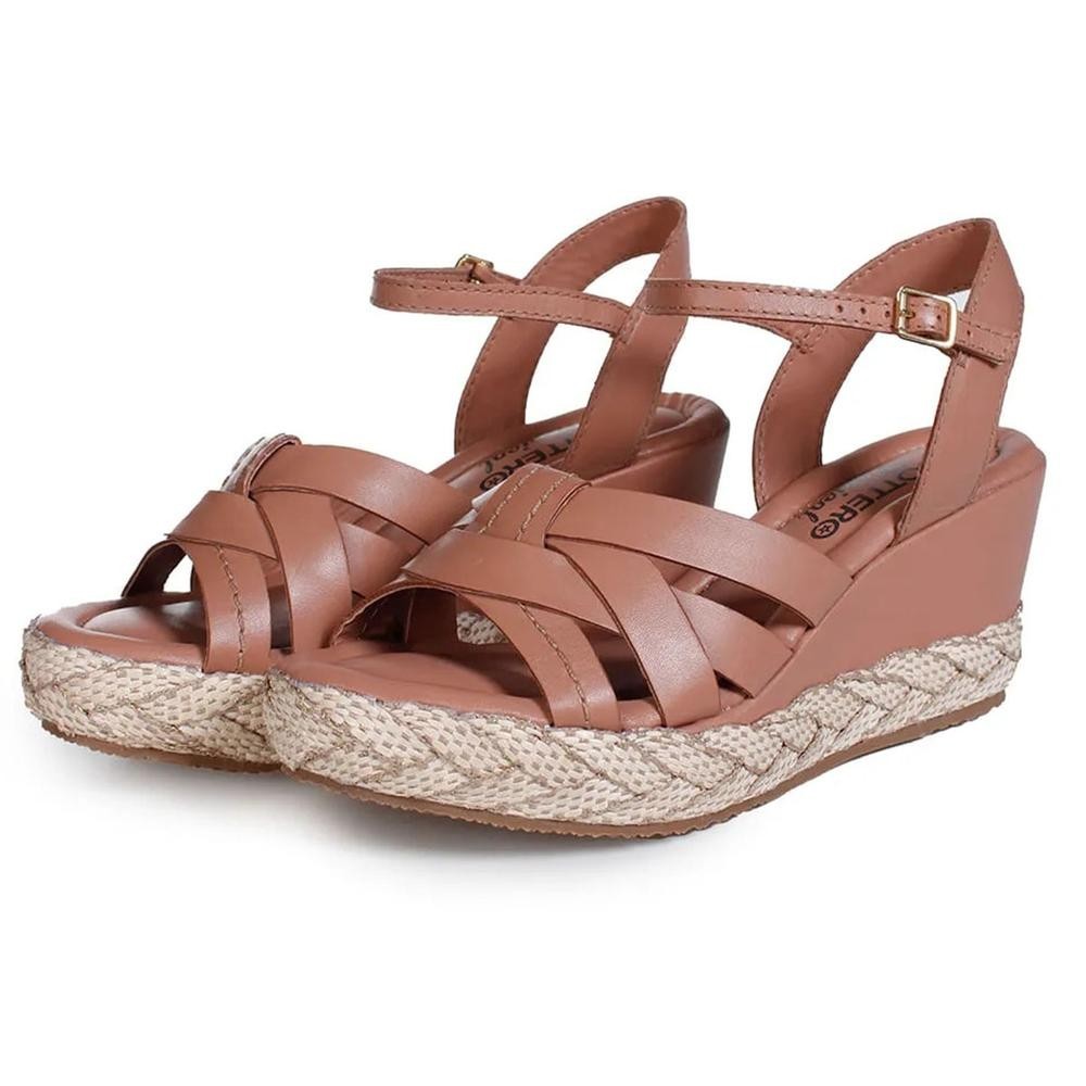 Sandália Anabela Couro Bottero Tropical Feminino – Marrom
