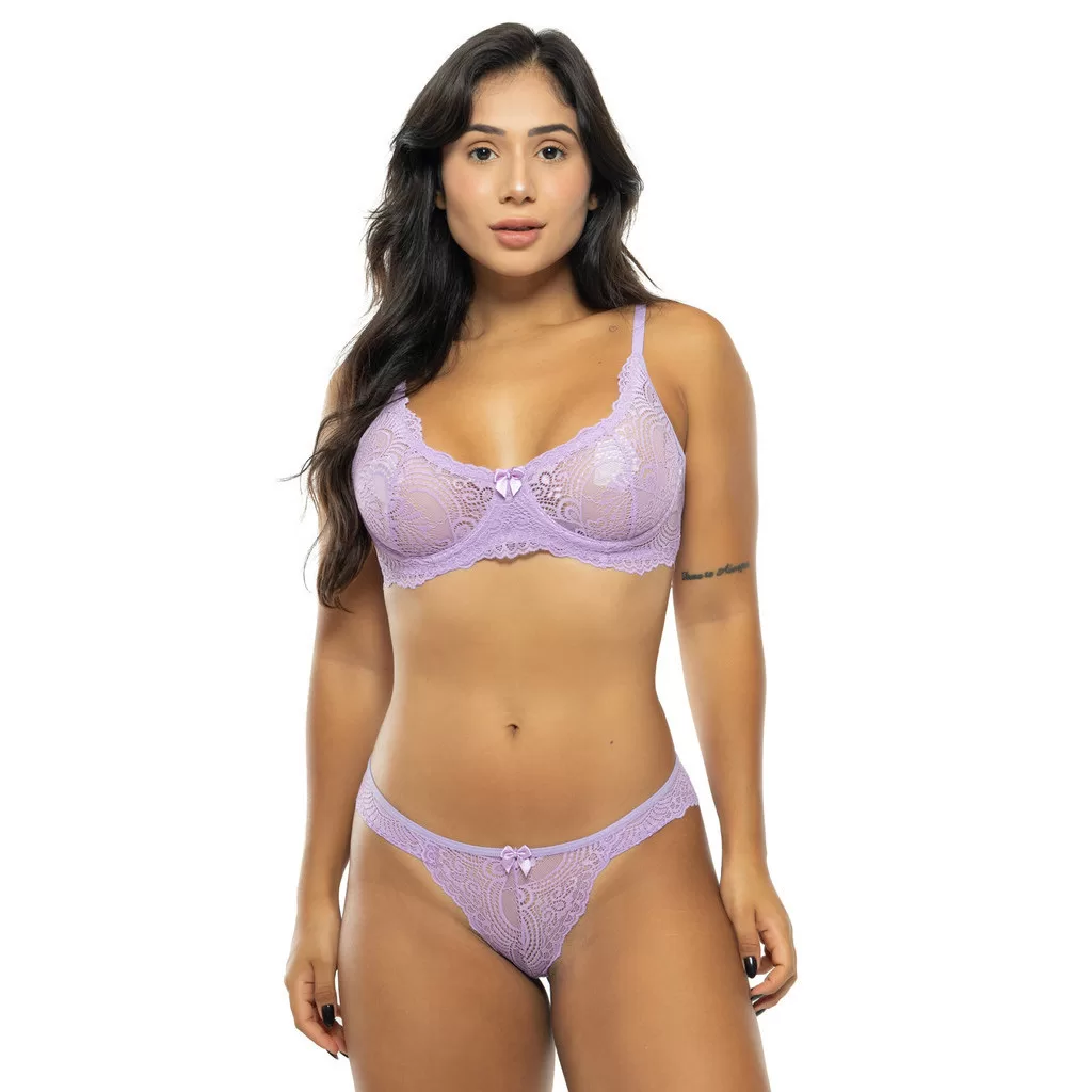 Conjunto Lingerie Calcinha e Sutiã Renda Com Aro Sem Bojo