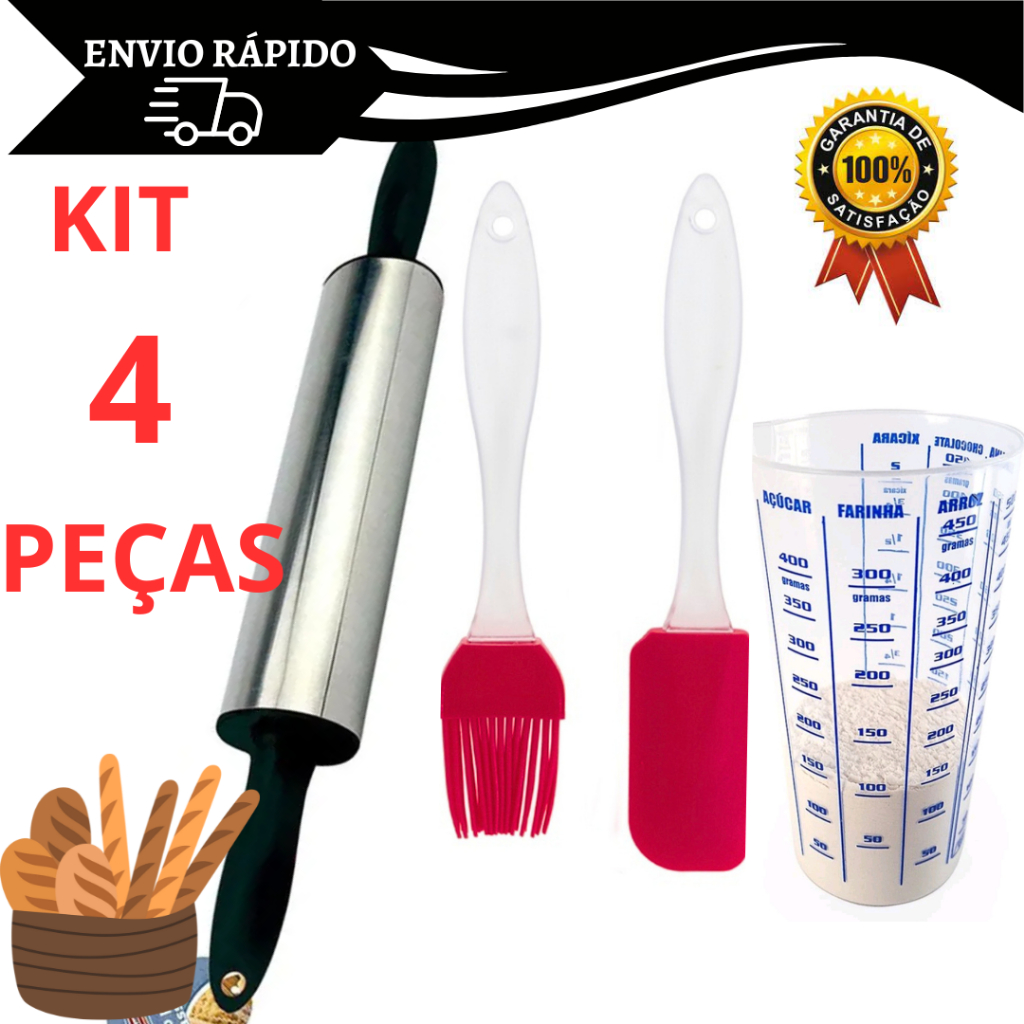 Kit Confeiteiro 4 Peças Rolo Giratorio Copo de Medida e Pincel Espatula Pão Duro Culinario