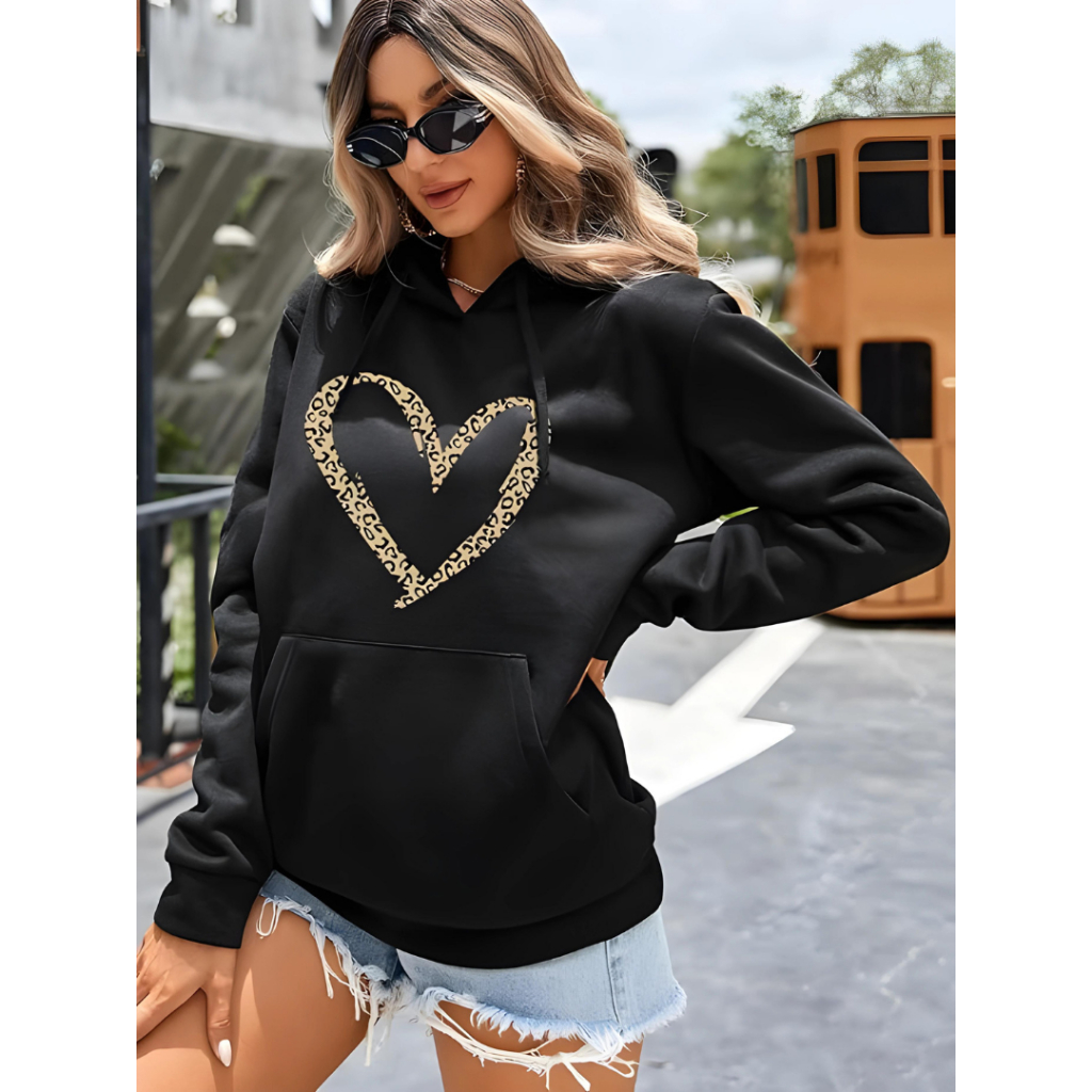 Moletom Feminino Blusa Com Estampa Coração Love Stretwear Em Algodão Premium Flanelado