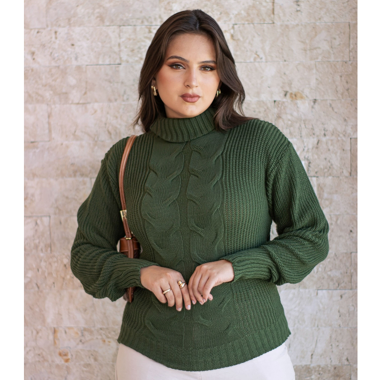 Blusa de Frio Feminina Tricô Gola Alta Manga Bufante Moda Inverno Estilosa Elegante