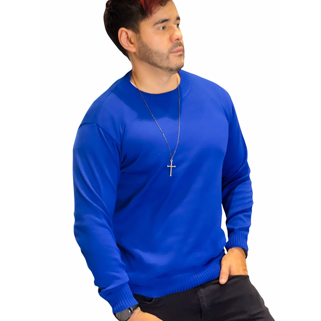 Casaco Tricot Masculino Manga Longa Gola Redonda