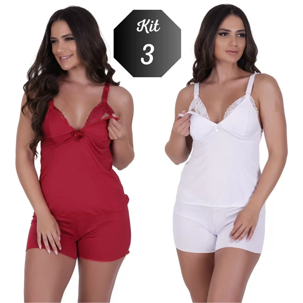 Promocao kit 3 Camisola Maternidade Amamentação Abertura Fácil com Click