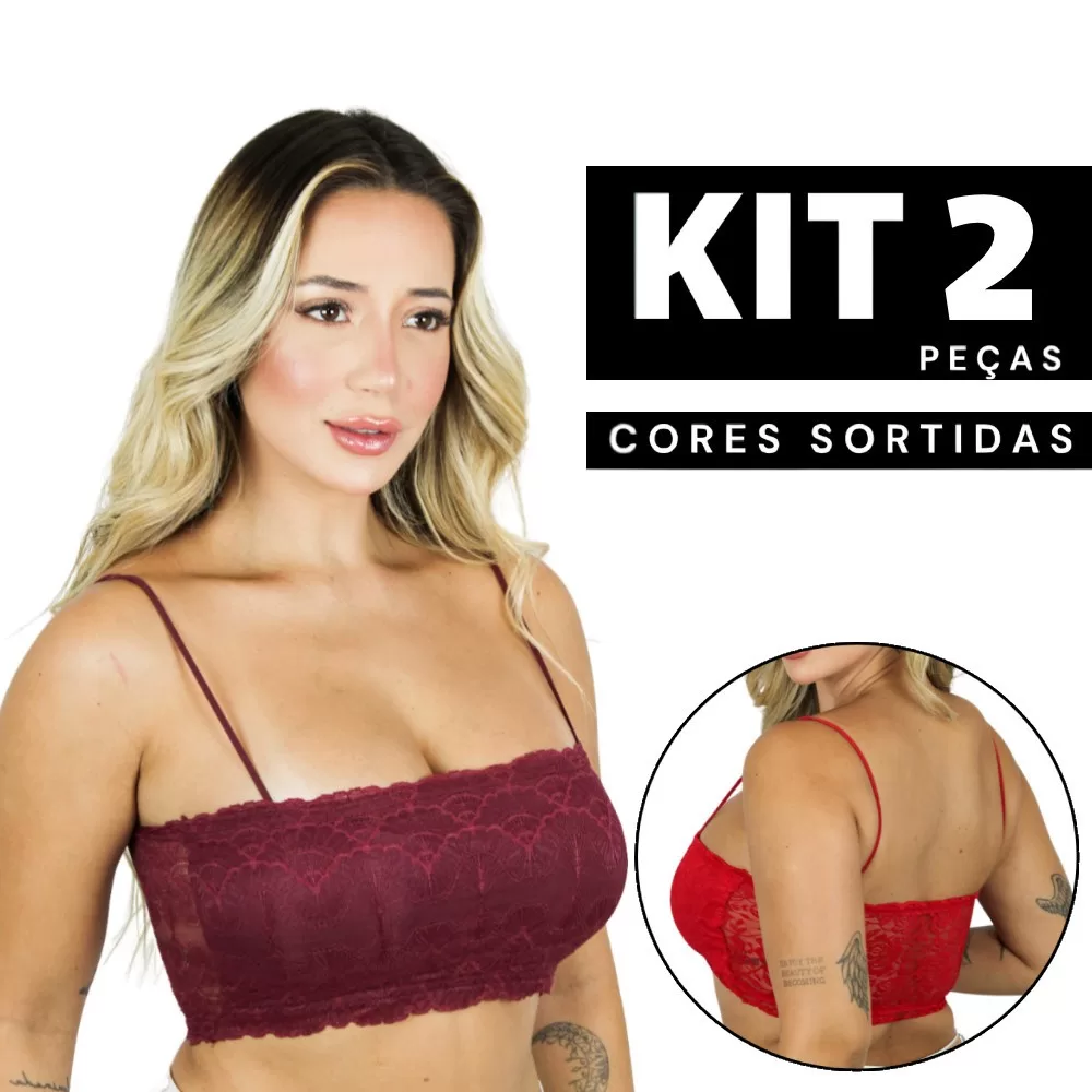 Kit 1 à 2 Sutiã Cropped Sem Bojo com Forro Top Faixa em Renda Confortável para o Dia a Dia